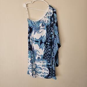 Joseph Ribkoff Jumpsuit Womens 10 One Shoulder Dress Flowy Sleeve Blue White